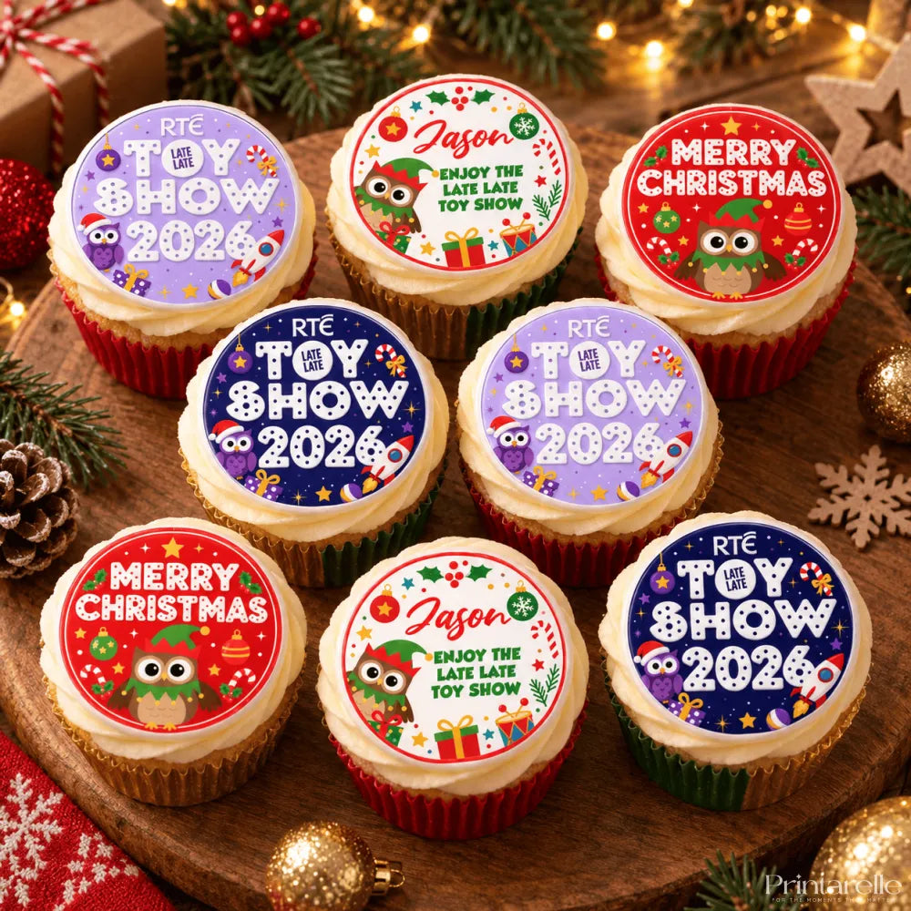 Festive late late toy show 2026 cupcake toppers with cartoon owls candy canes and colorful christmas designs personalized name