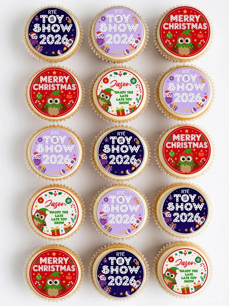 Festive late late toy themed cupcakes with colorful owl toppers and personalized holiday messages for 2026