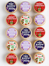 Festive late late toy themed cupcakes with colorful owl toppers and personalized holiday messages for 2026