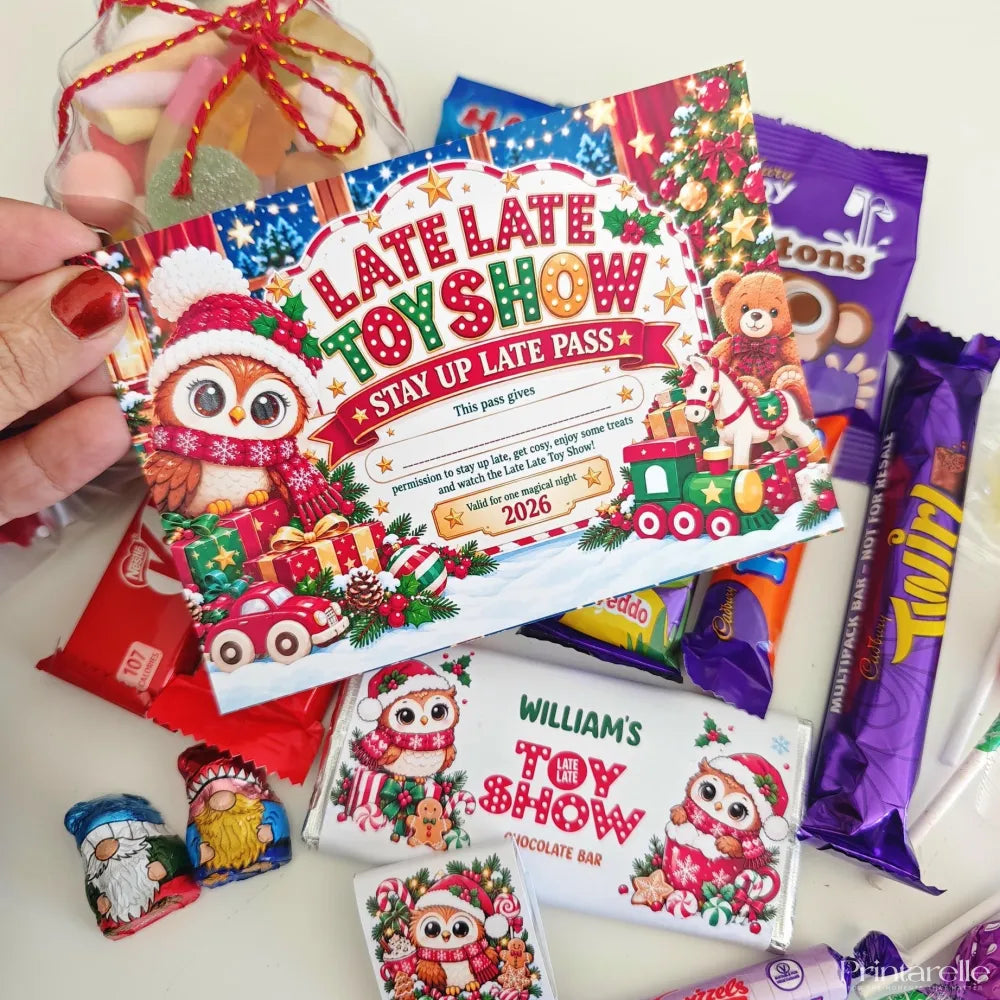 A festive late late toy stay up late pass with a cartoon owl in santa hat surrounded by christmas treats and decorations