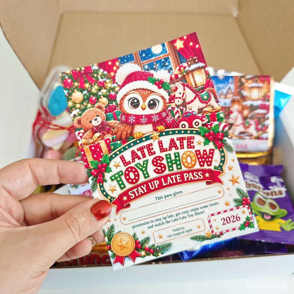 A festive red green and white late late toy stay-up-late pass with a santa hat owl for personalised christmas treats