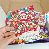 A festive red green and white late late toy stay-up-late pass with a santa hat owl for personalised christmas treats
