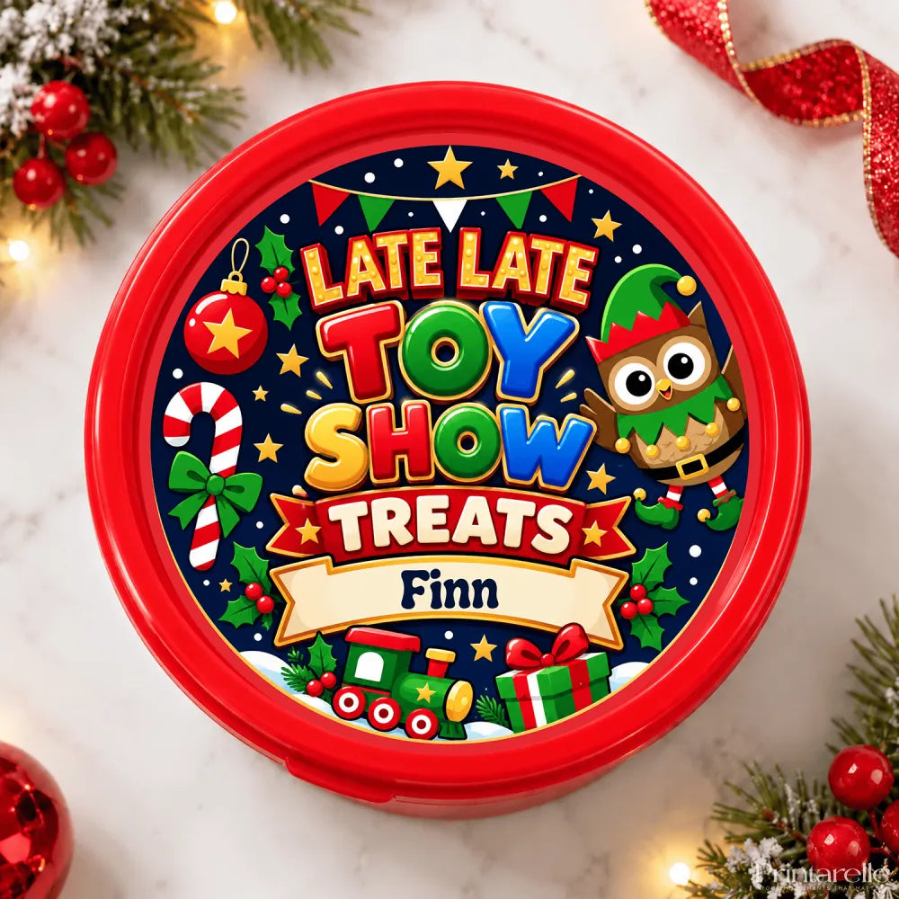 Red plastic container with festive late late toy show treats label featuring elf candy cane and holiday decorations