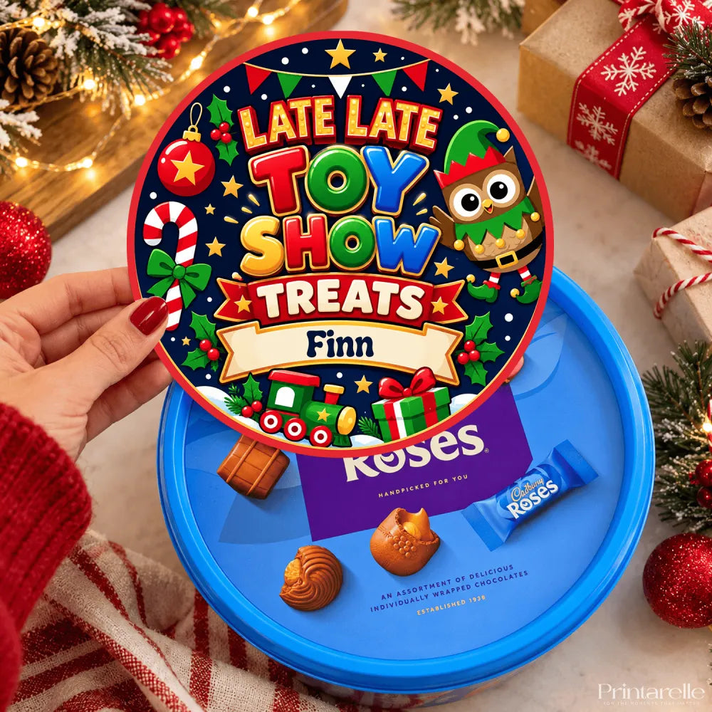 A festive blue circular tin of cadbury roses chocolates with a colorful personalized late late toy show treats label