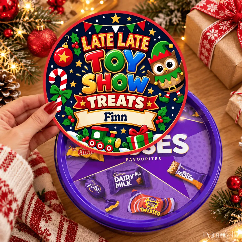 Personalized purple circular tin labeled late late toy show treats with festive holiday design and candy illustrations