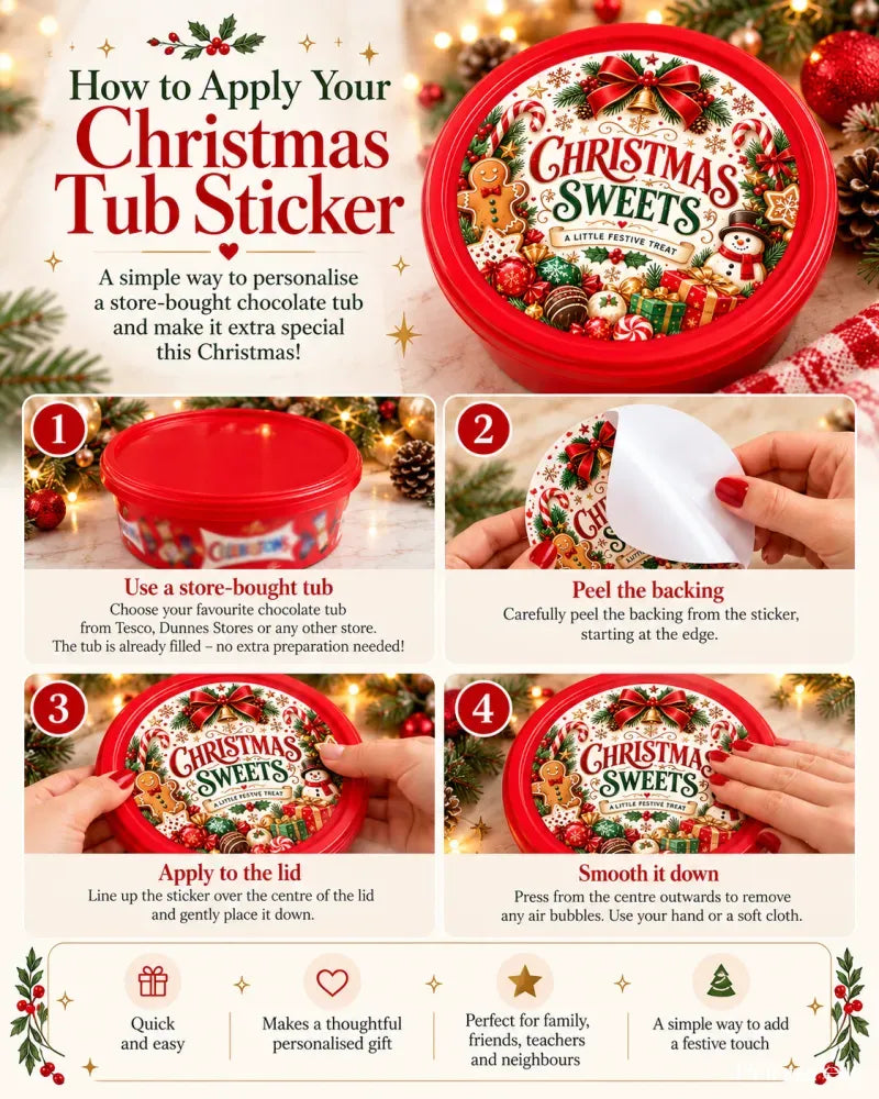Red plastic chocolate tub with festive late late toy personalised sticker featuring gingerbread men and candy canes