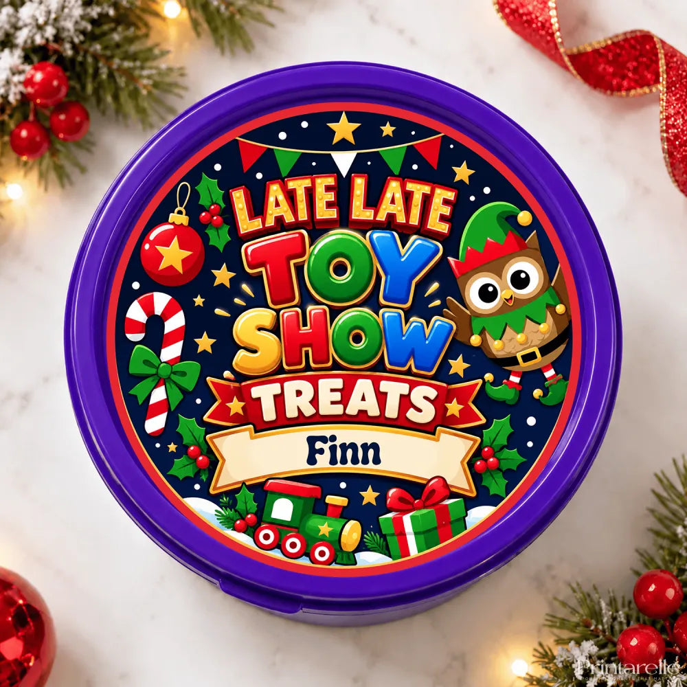 Purple circular container with festive late late toy label and personalized tub sticker for finn