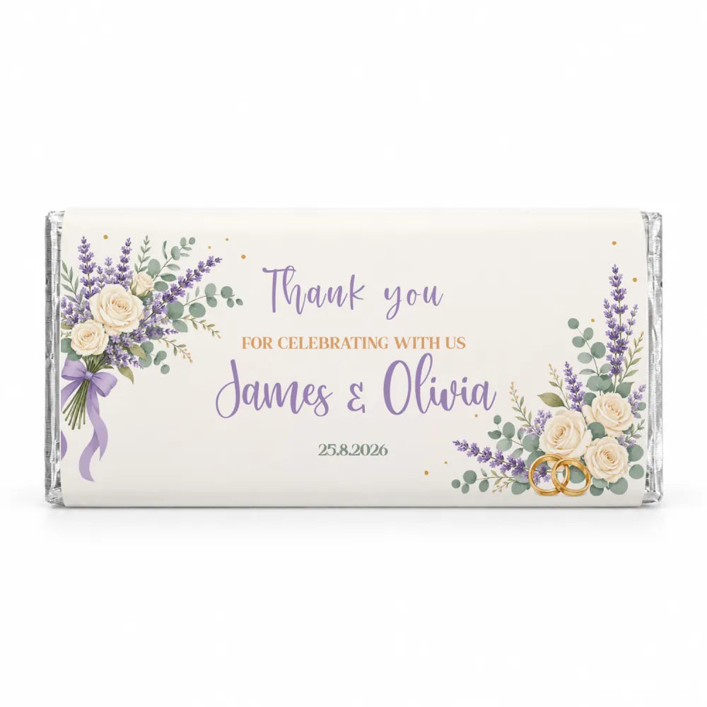 A personalised 40g chocolate bar wrapped in silver foil with an ivory roses label for weddings and thank you gifts