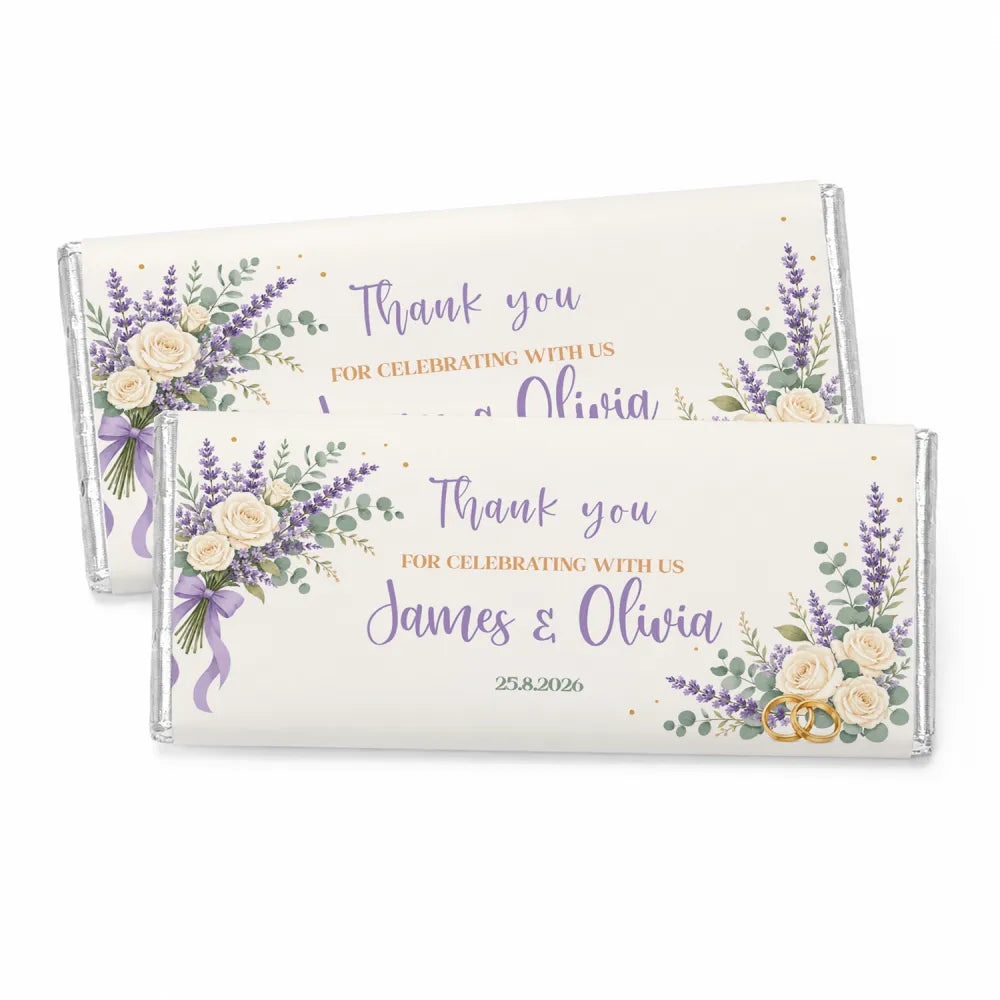 A personalised 40g chocolate bar with ivory roses and lavender floral design perfect for a wedding celebration