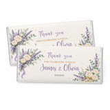 A personalised 40g chocolate bar with ivory roses and lavender floral design perfect for a wedding celebration