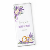 Personalised 40g chocolate bar with white chocolate, purple lavender bouquet, gold rings, and love is sweet inscription