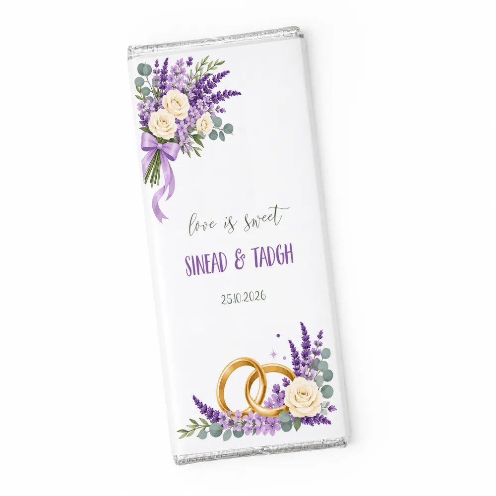 Personalised 40g chocolate bar with white chocolate, purple lavender bouquet, gold rings, and love is sweet inscription