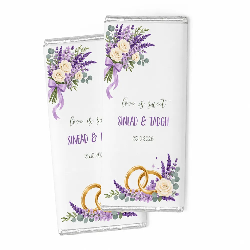 Two personalised 40g chocolate bars wrapped in clear foil with purple lavender floral design and wedding details sinead & tadhg