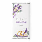 White chocolate personalised 40g chocolate wrapped in clear foil with purple lavender floral design and gold wedding rings