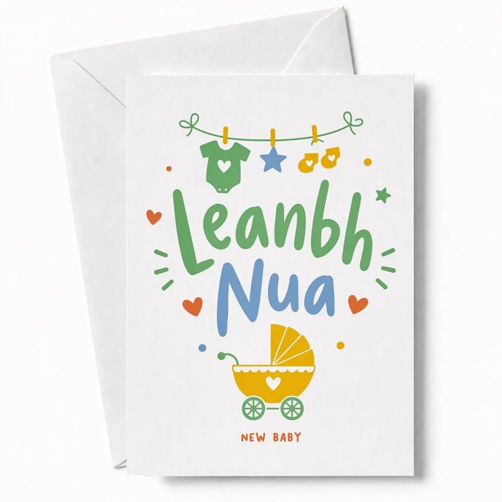A white leanbh nua baby card with colorful baby item illustrations and soft green blue lettering plus a yellow pram at bottom