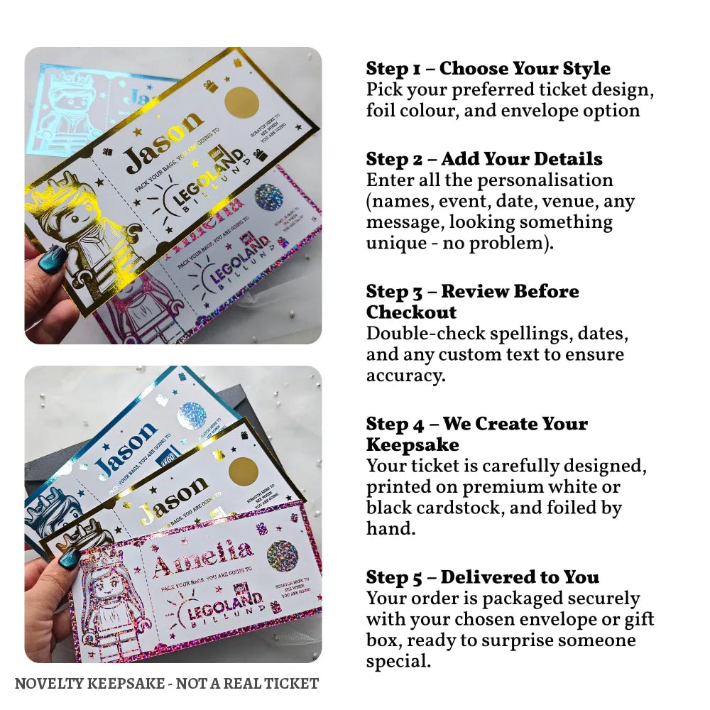 Legoland Surprise Foil Ticket | Personalised Keepsake - personalised legoland foil, kraft envelope, personalised