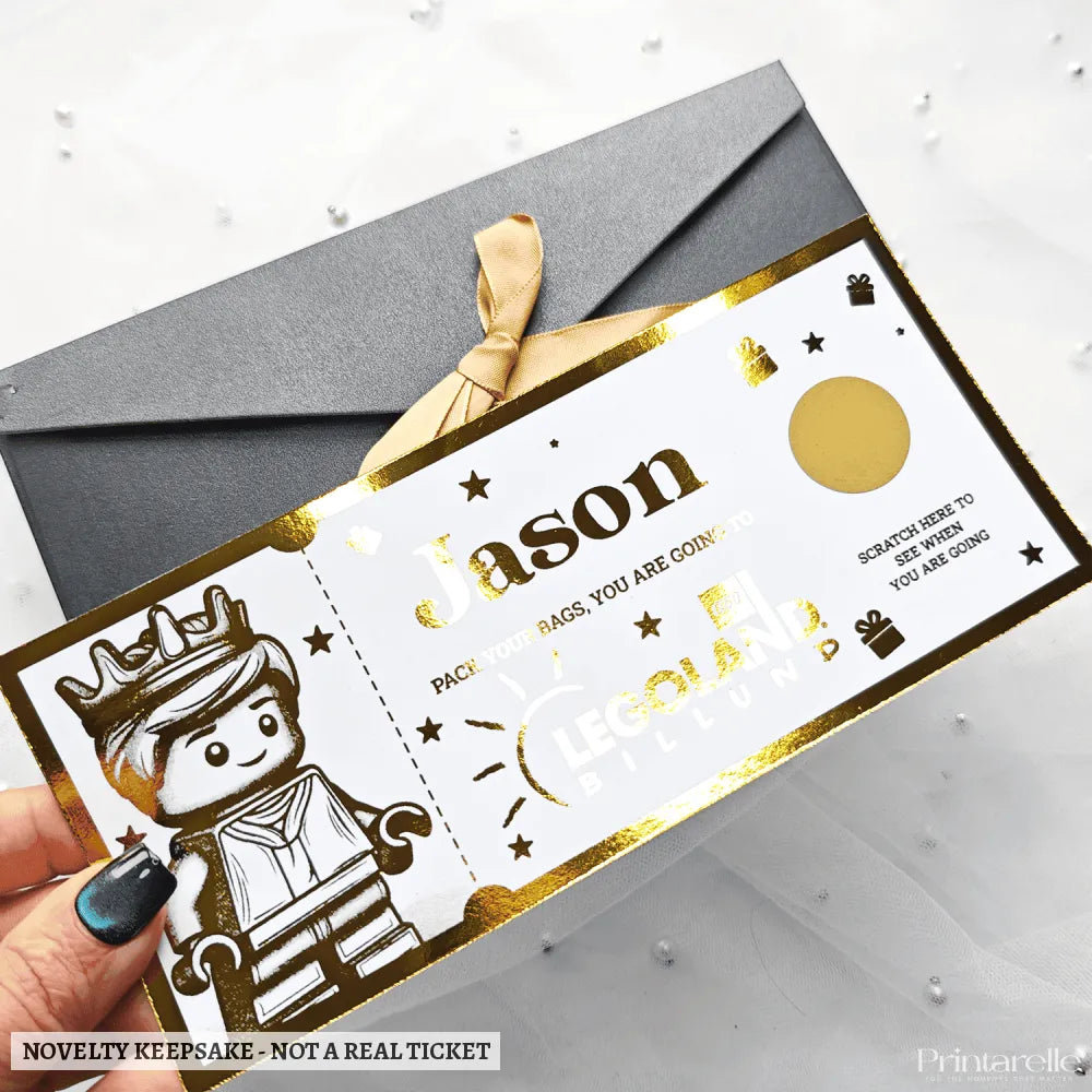 Legoland Surprise Foil Ticket | Personalised Keepsake - personalised legoland foil, kraft envelope, personalised