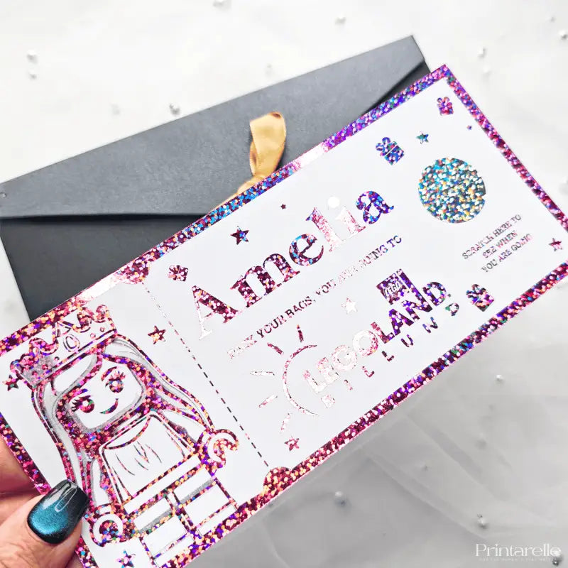 Colorful gift card with robot illustration and text on a white surface