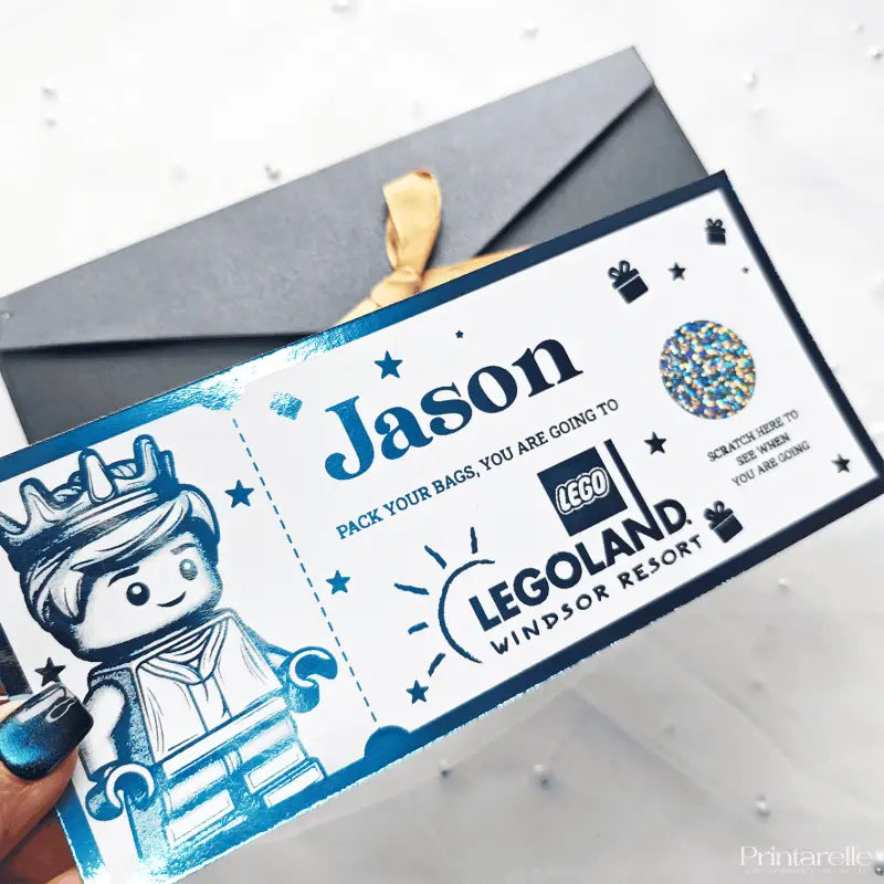 Ticket for Legoland Windsor Resort with a LEGO character design, held by a hand.