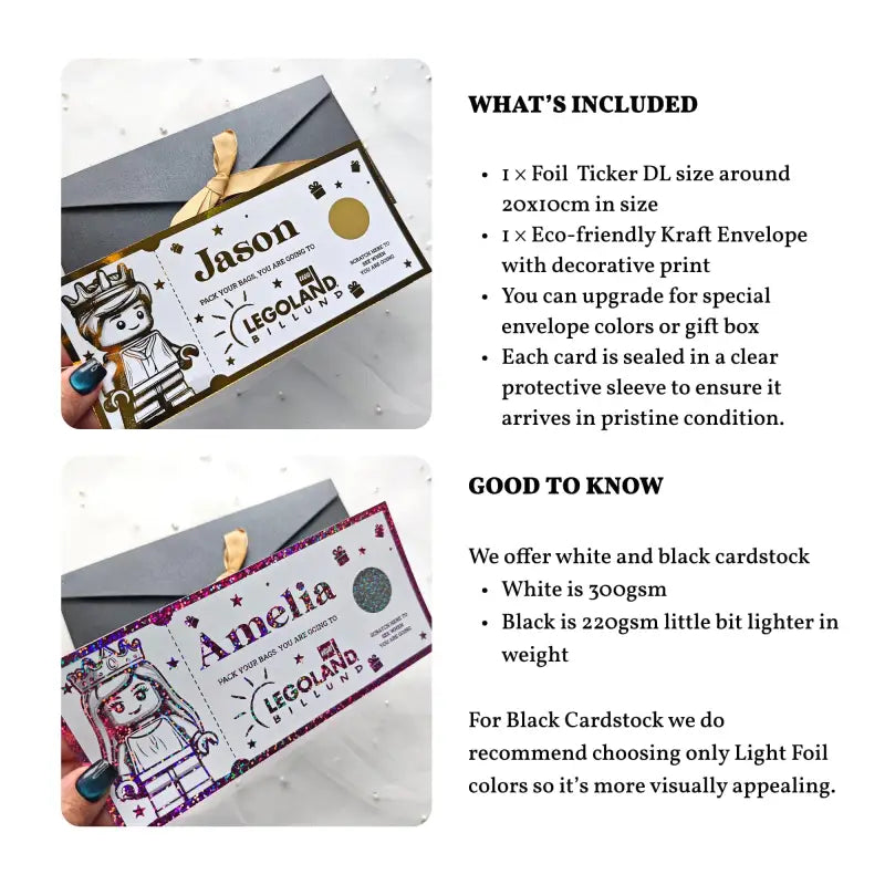 Foil ticker DL size with eco-friendly Kraft envelope and clear protective sleeve, featuring Legoland branding.