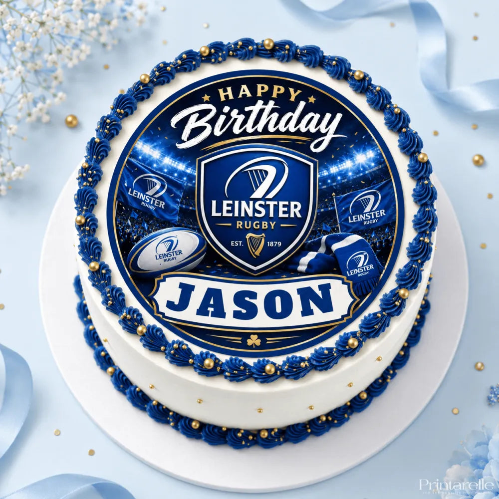 A two-tiered birthday cake with blue white frosting gold beads and a leinster rugby cake topper icing sheet design