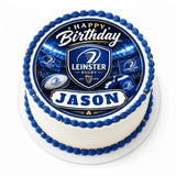 Blue and white frosted birthday cake with leinster rugby icing sheet cake topper featuring team logo and name jason
