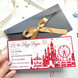 Red laser-cut reveal card with five personalised lines featuring magic begin designs on white paper for christmas surprise
