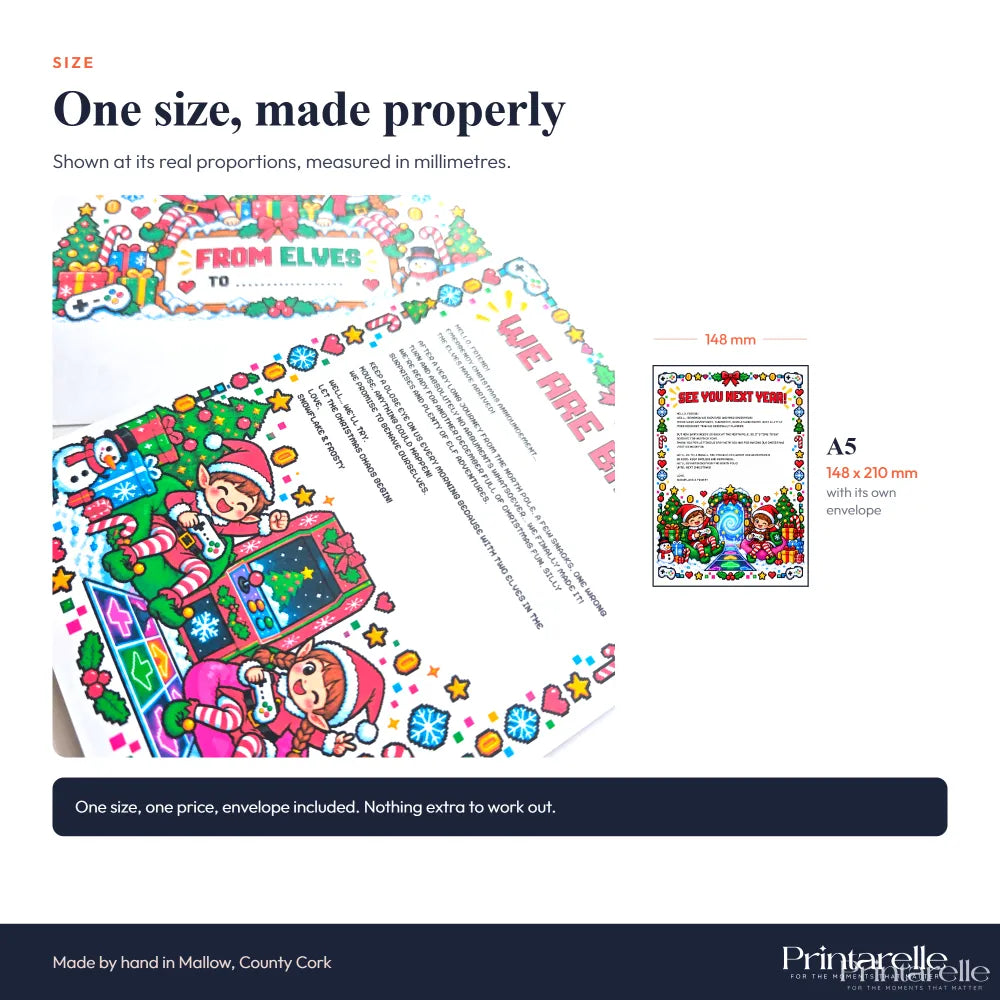 Colorful christmas-themed a5 notecard with pixel art elves snowflakes and holiday decorations for elf letters and goodbye letter