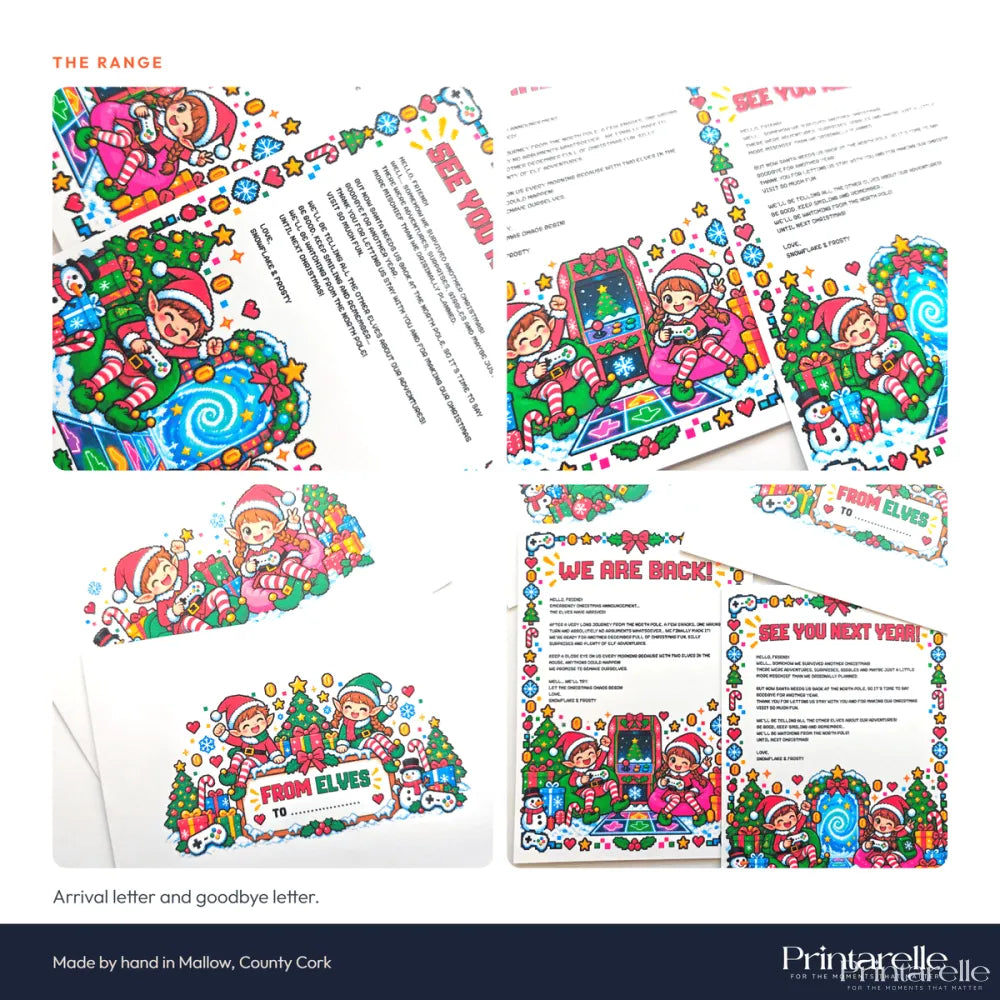 Colorful pixel art elf letters featuring festive elves candy canes snowmen for level up gaming goodbye letter set