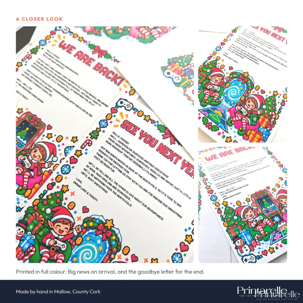 Colorful christmas-themed elf letters with pixel art elves candy canes and presents on white paper for goodbye letter use