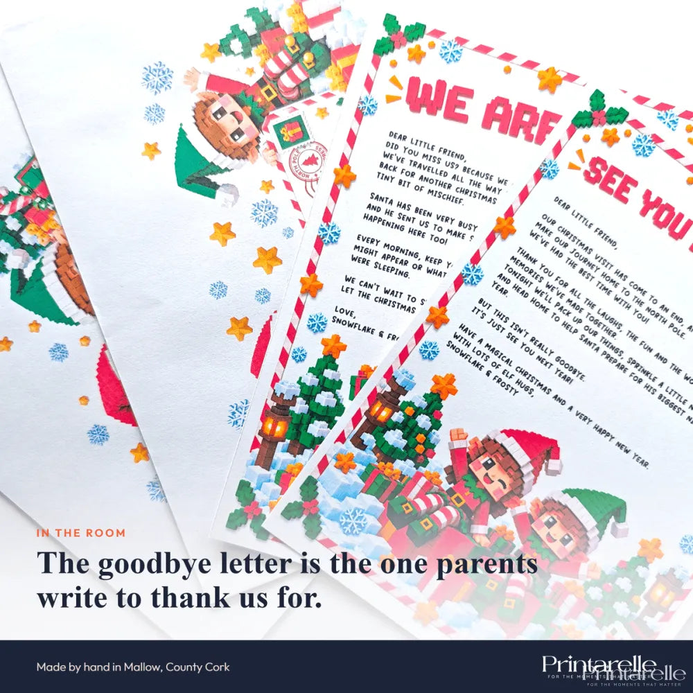 Christmas-themed elf letters with pixel art elves snowflakes and trees on white paper for gaming goodbye letter set