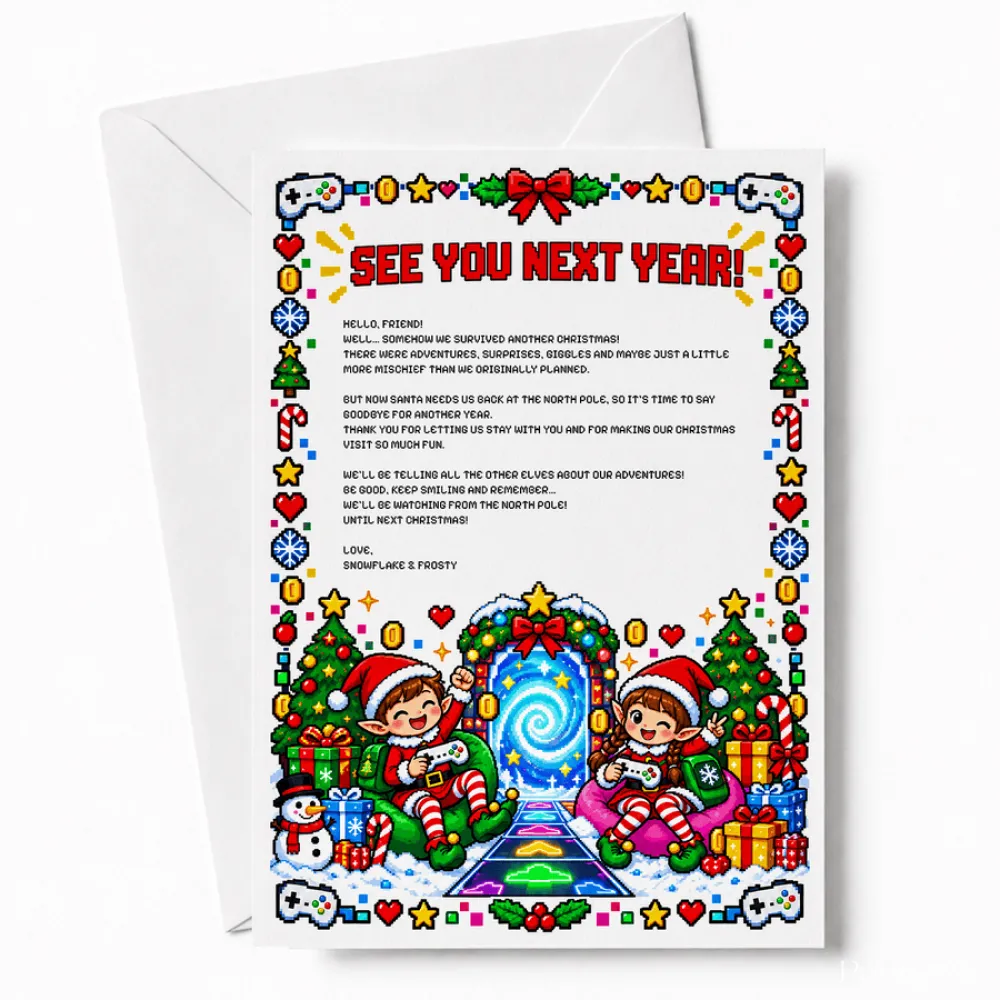 A festive level up elves pixel art christmas card with elf letters candy canes and game controllers framed by a red bow