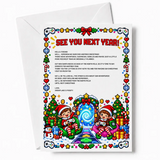 A festive level up elves pixel art christmas card with elf letters candy canes and game controllers framed by a red bow
