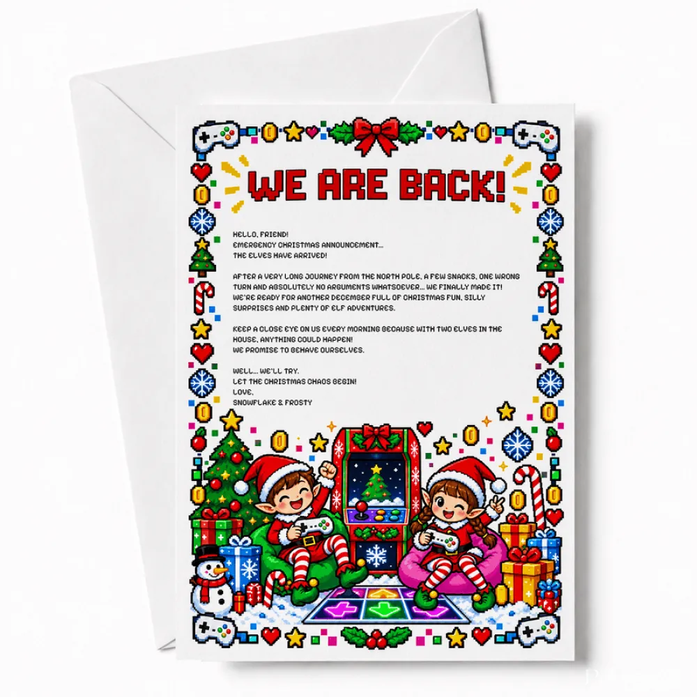 A festive pixel art christmas greeting card with elves playing video games in red and green elf letters and goodbye letter style
