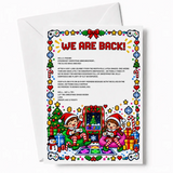 A festive pixel art christmas greeting card with elves playing video games in red and green elf letters and goodbye letter style