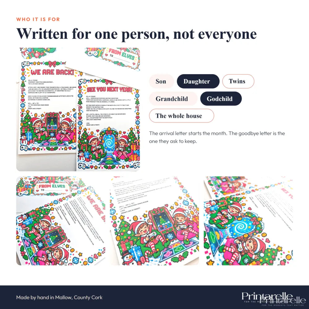 Colorful illustrated elf letters with pixel art designs featuring festive arrival and goodbye letter set for gaming fans
