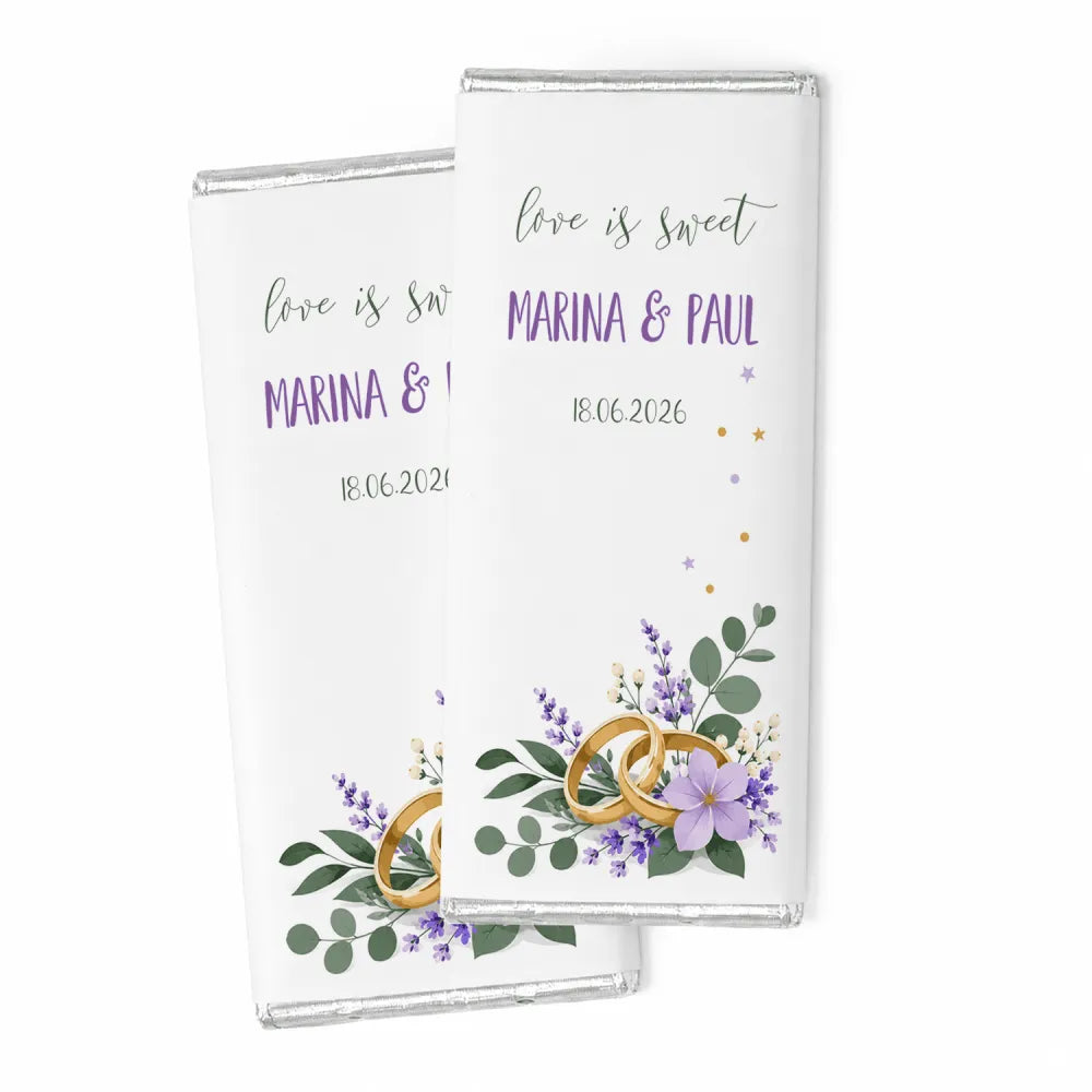 Personalised 40g white chocolate bar with lilac rings design featuring rings lavender flowers and marina and paul wedding date