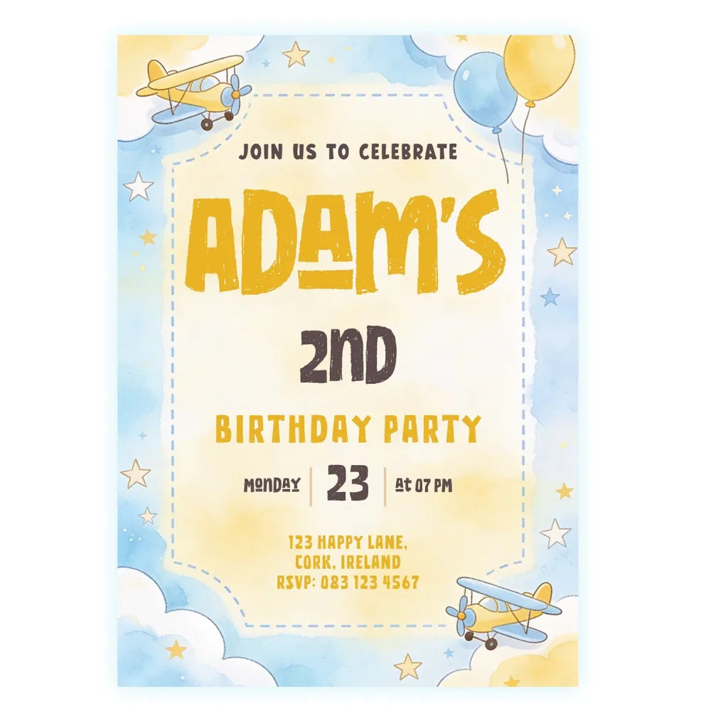Little Airplane Boy Birthday Party Invitation - birthday party, airplane boy birthday, boy birthday party, birthday