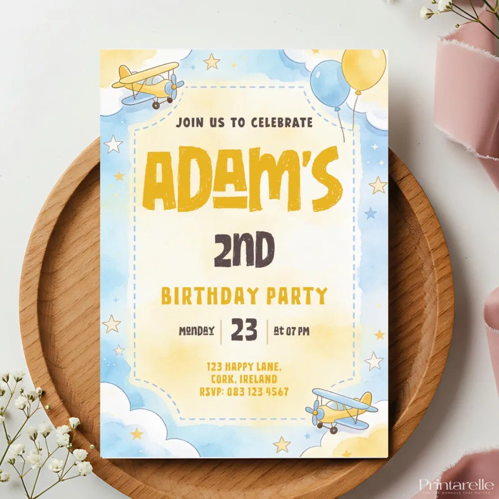 Little Airplane Boy Birthday Party Invitation - birthday party, airplane boy birthday, boy birthday party, birthday