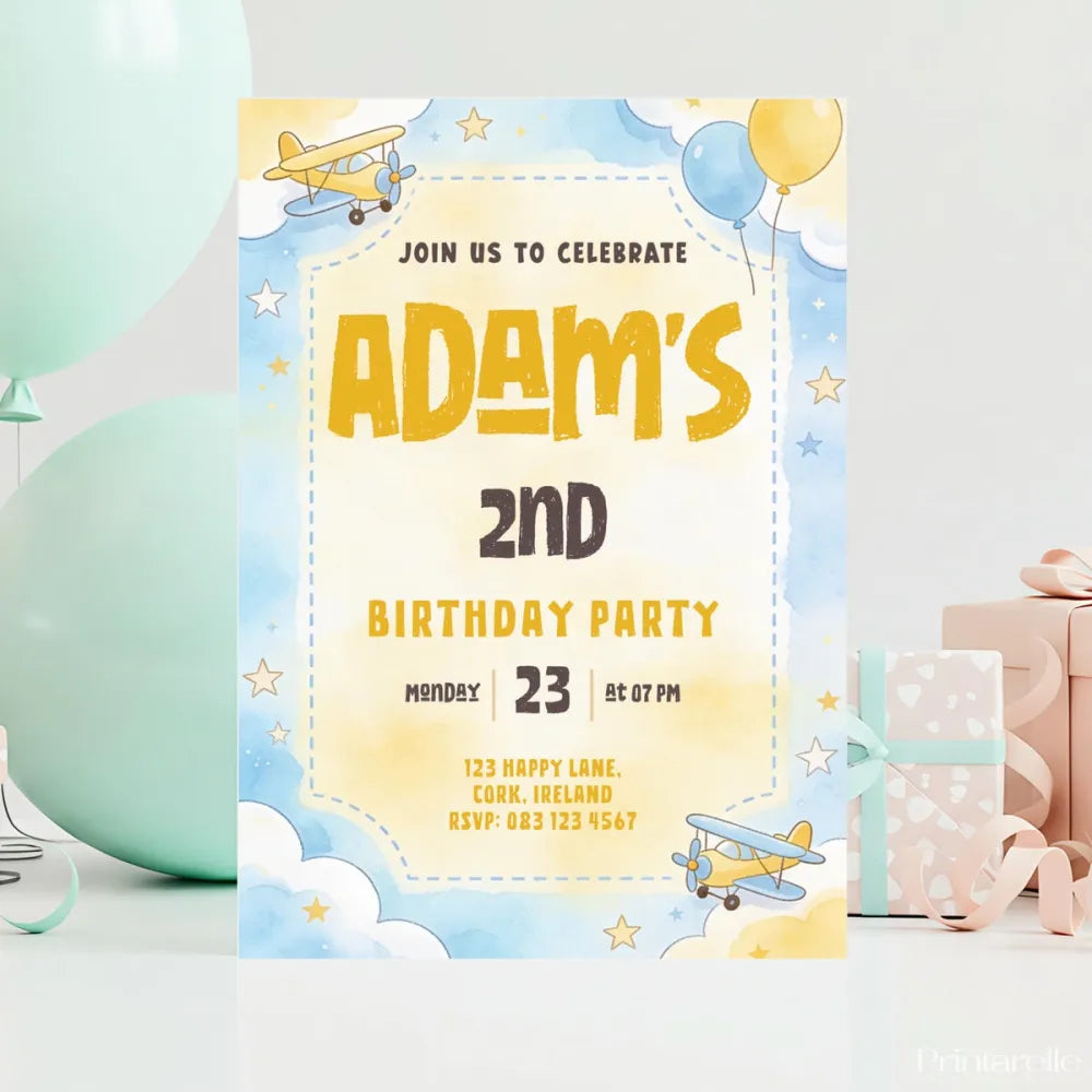 Little Airplane Boy Birthday Party Invitation - birthday party, airplane boy birthday, boy birthday party, birthday