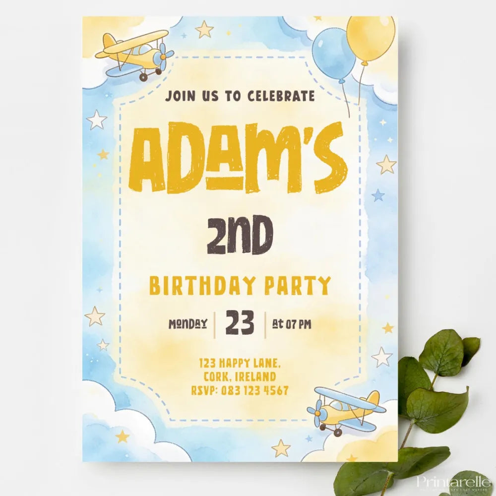 Little Airplane Boy Birthday Party Invitation - birthday party, airplane boy birthday, boy birthday party, birthday