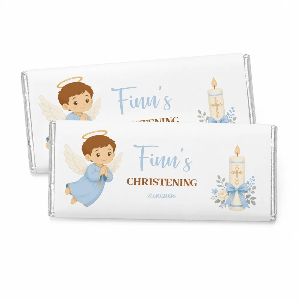 White chocolate bar wrapped in silver foil with cartoon angel boy and candle design for christening chocolate gift
