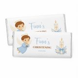 White chocolate bar wrapped in silver foil with cartoon angel boy and candle design for christening chocolate gift