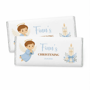 White chocolate bar wrapped in silver foil with cartoon angel boy and candle design for christening chocolate gift