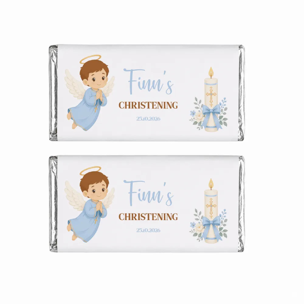 Two personalized silver foil chocolate bars with angel boy label and candle bow for christening chocolate gifts