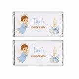 Two personalized silver foil chocolate bars with angel boy label and candle bow for christening chocolate gifts
