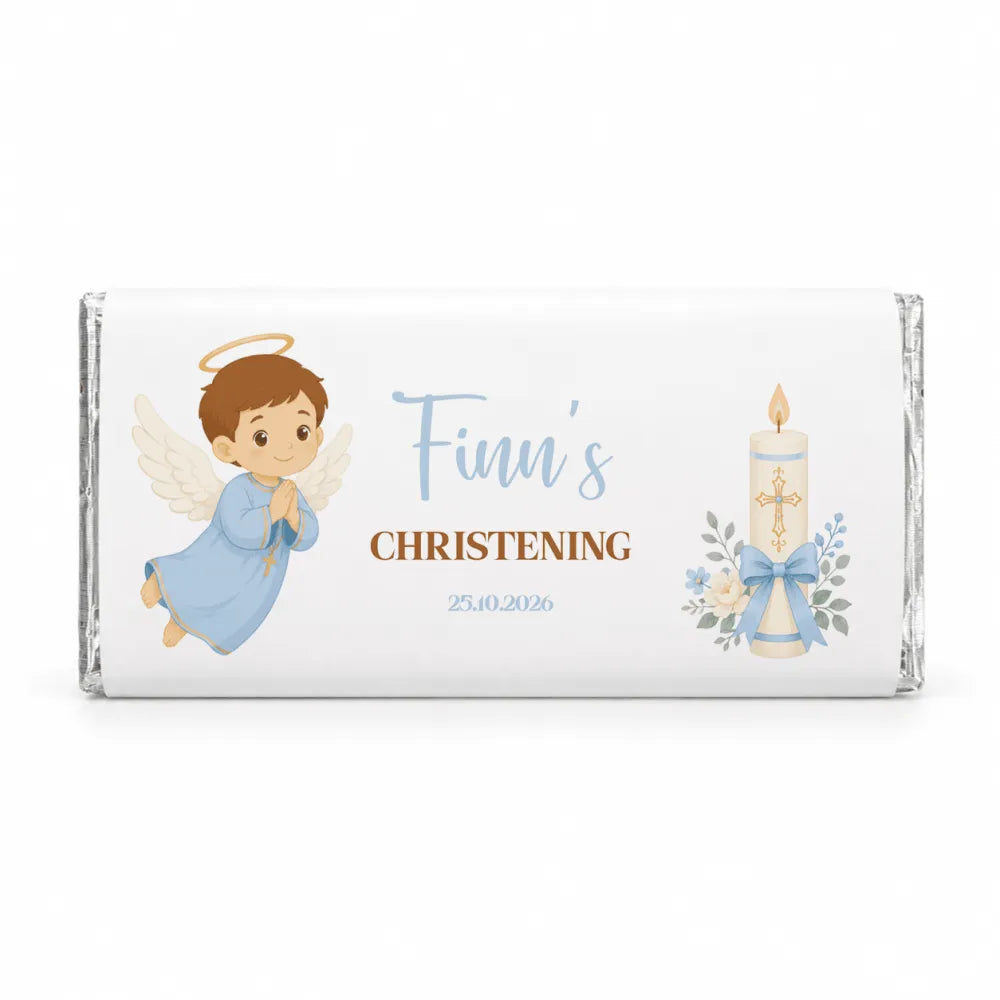 White chocolate bar wrapped in silver foil with angel boy design for finn’s christening chocolate bar october 2026