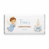 White chocolate bar wrapped in silver foil with angel boy design for finn’s christening chocolate bar october 2026
