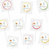 Personalized fruit lollipops with a blue angel boy cartoon and floral design for little angel boy christening date favors