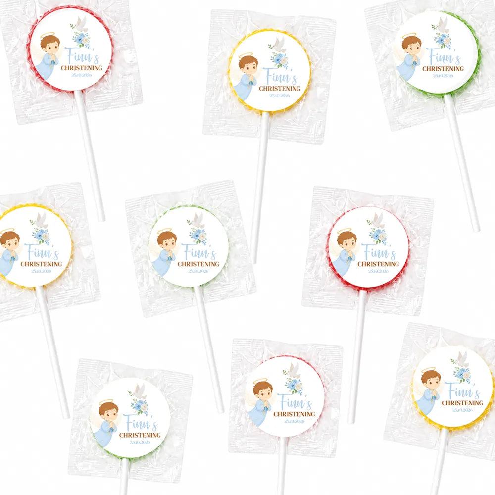 Personalized fruit lollipops with a blue angel boy cartoon and floral design for little angel boy christening date favors